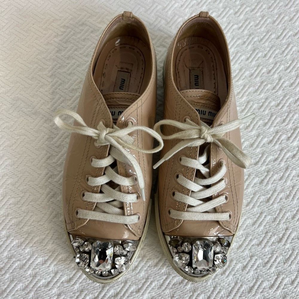 MIU MIU Beige Sneakers Patent Leather Metal Toe Clear Crystal Women’s EU 37 US 7